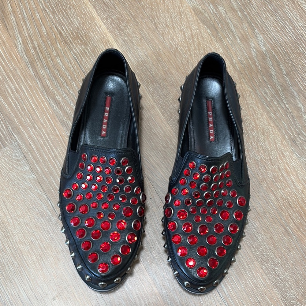 Prada Black and Red Studded Loafers